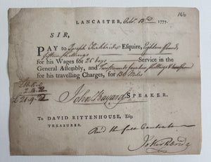 1777 Revolutionary War PA Assembly Pay Order Bayard Signed Rittenhouse LANCASTER