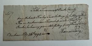 1794 Pennsylvania Bucks County Fox Bounty Order Signed By Thomas Long