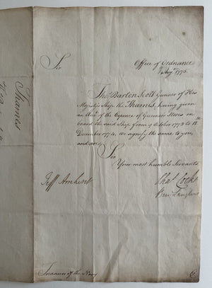 1775 Jeffery Amherst Signed Office Of Ordinance Document - Revolutionary Era