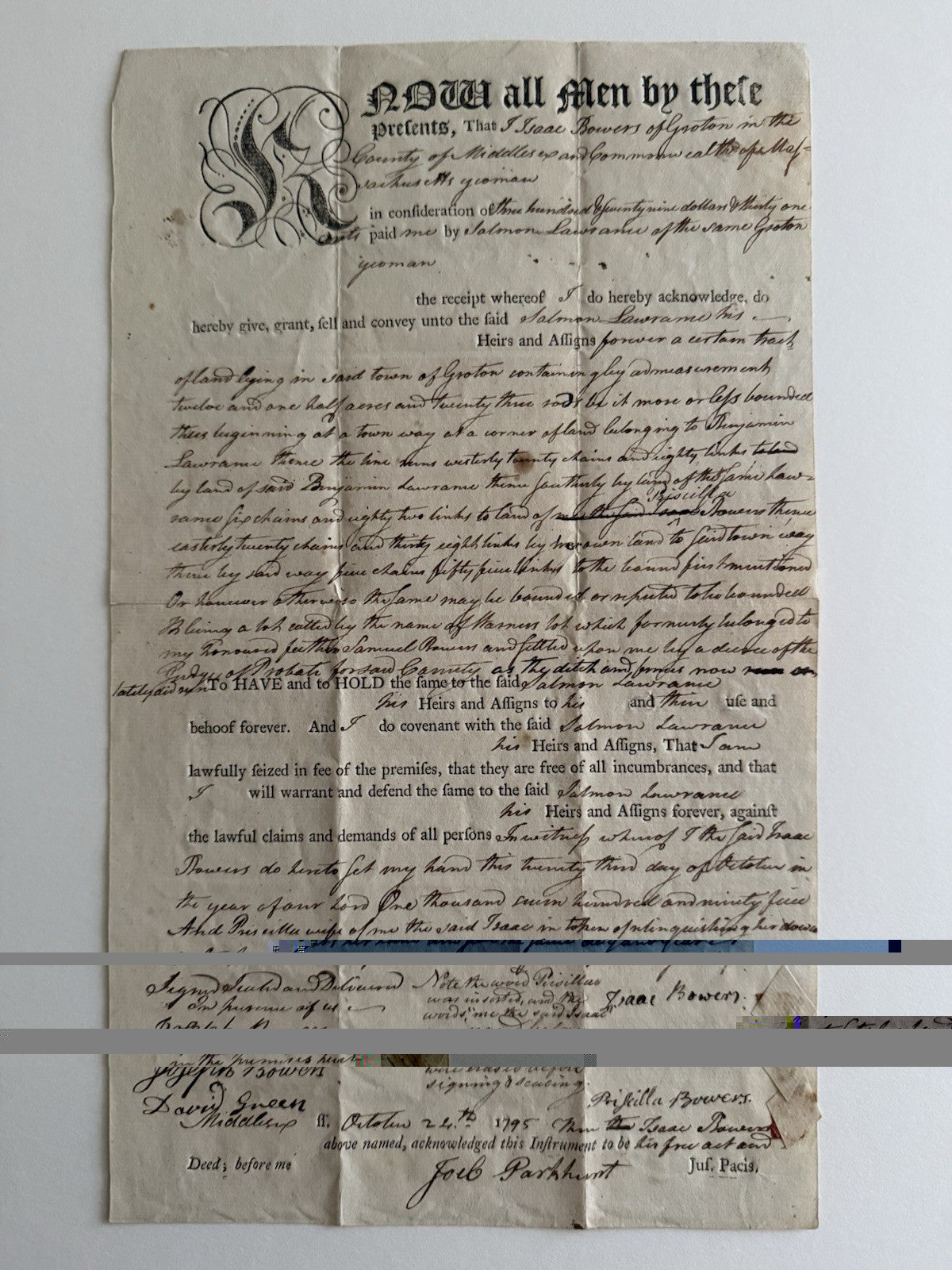  “1795 Colonial Massachusetts Land Deed GROTON