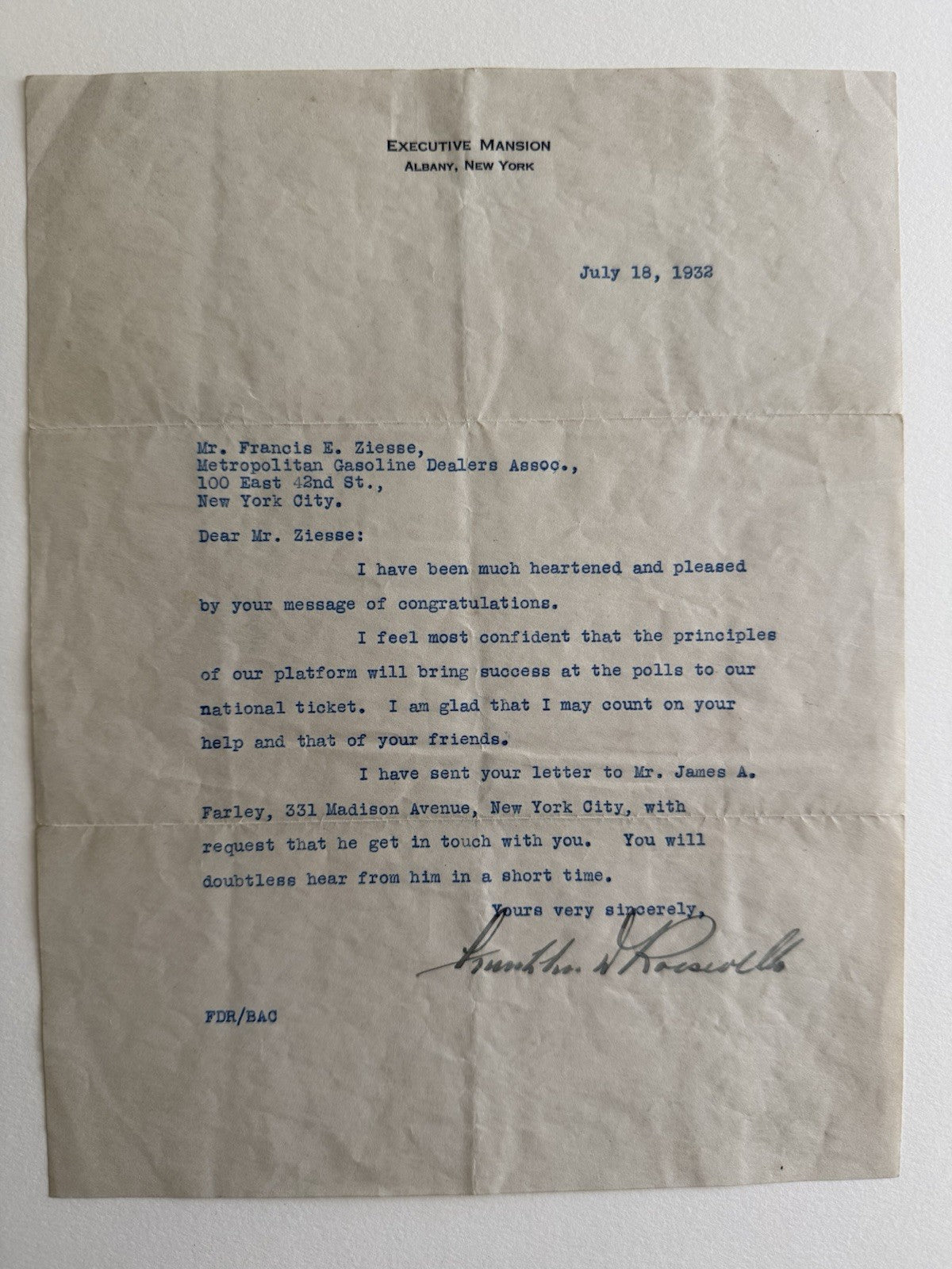 Franklin D Roosevelt Signed Letter 1932 Presidential Campaign 