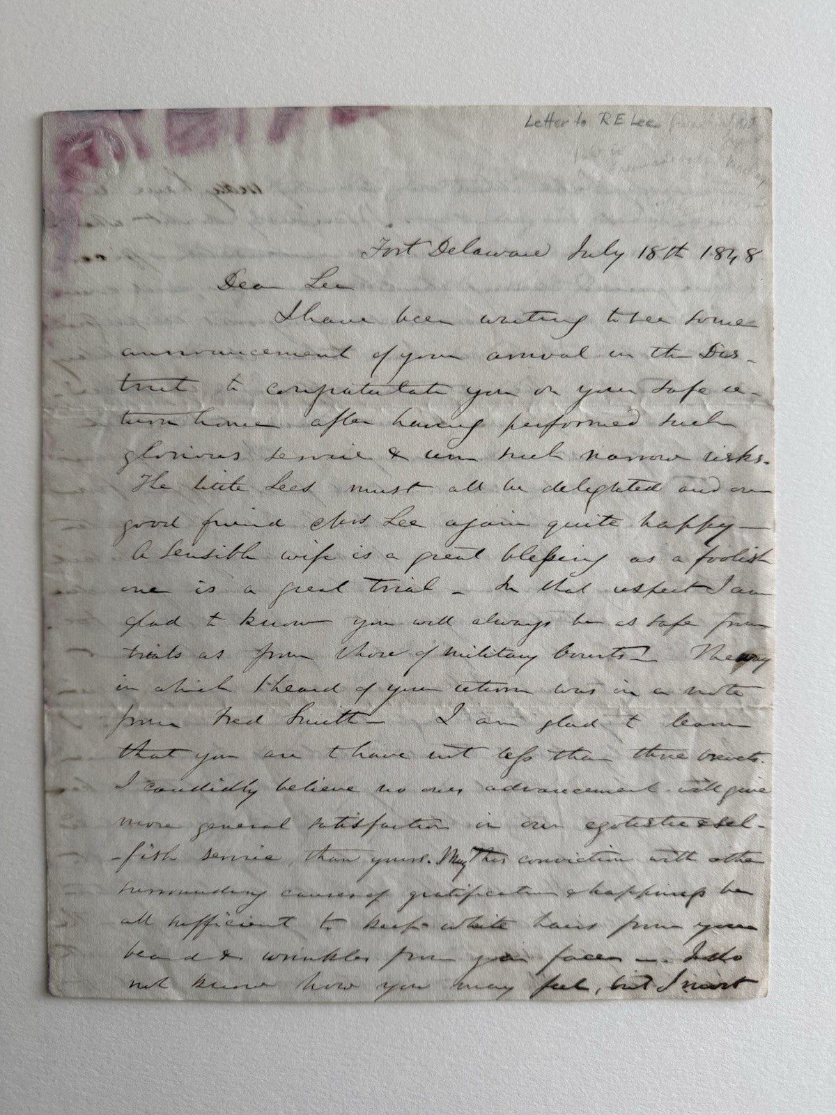 1848 Fort Delaware Letter To Robert E Lee 