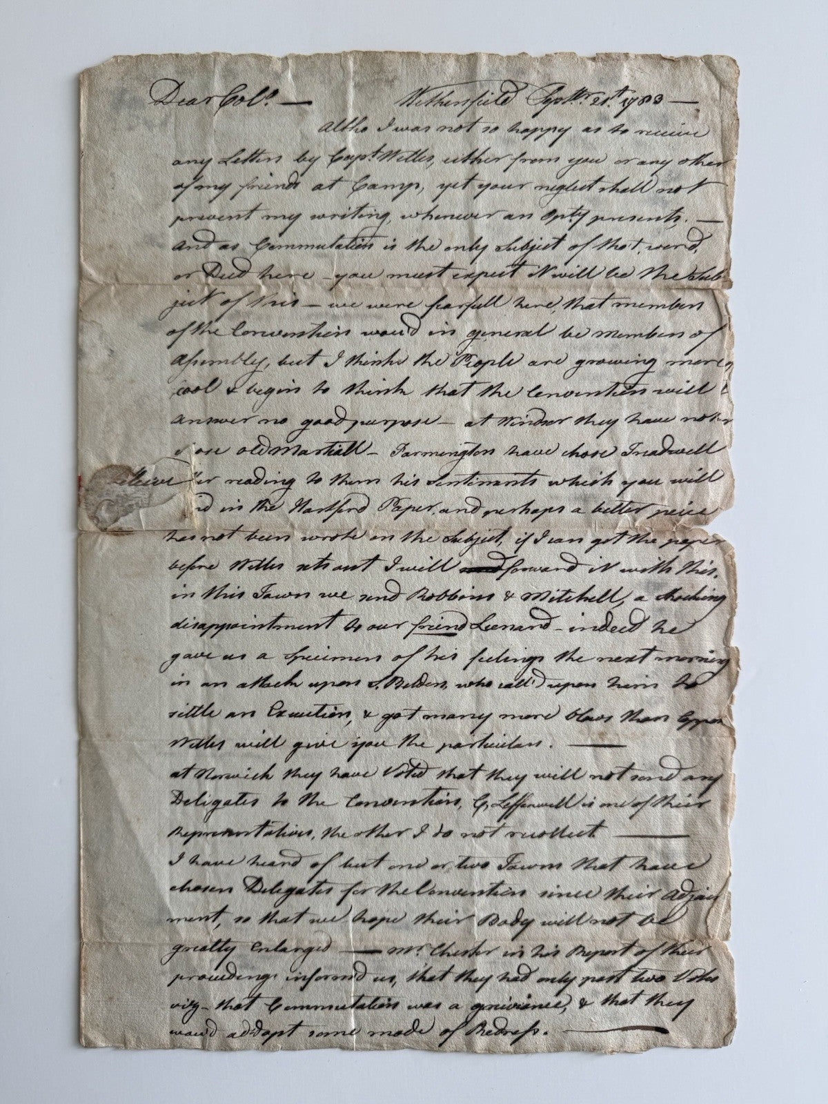 1783 Revolutionary War Letter To Col Ebenezer Huntington Commutation Issue 