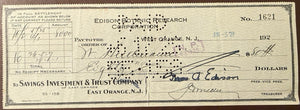 Thomas Edison Signed Edison Botanic Corporation Check. Rubber Research Era.