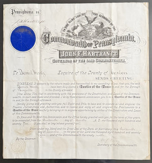 Elegant 1875 Pennsylvania Commission Signed By Governor