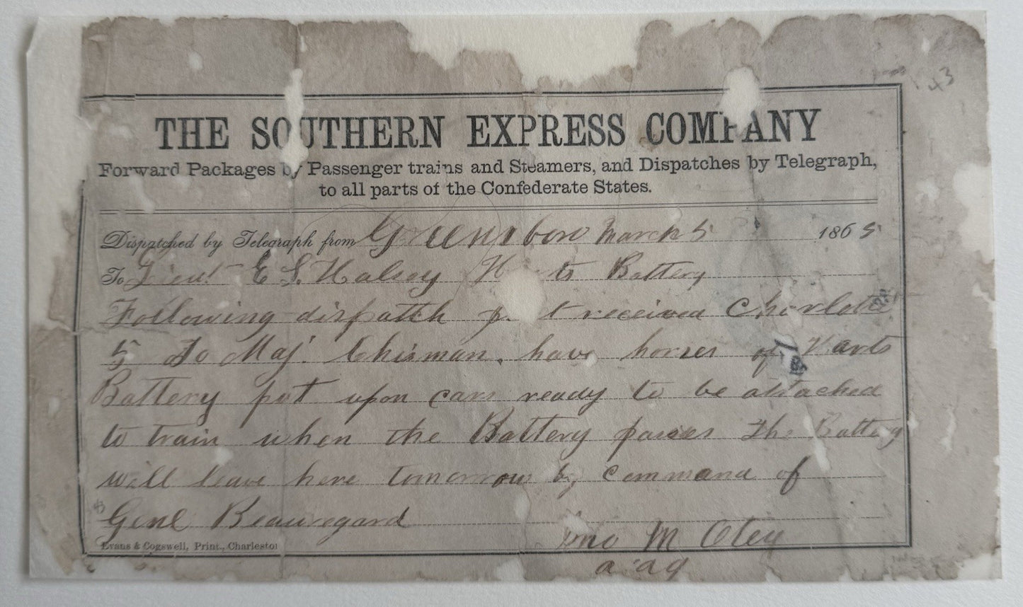 1865 Confederate Telegraph From Beauregard, Harts Battery Civil War 