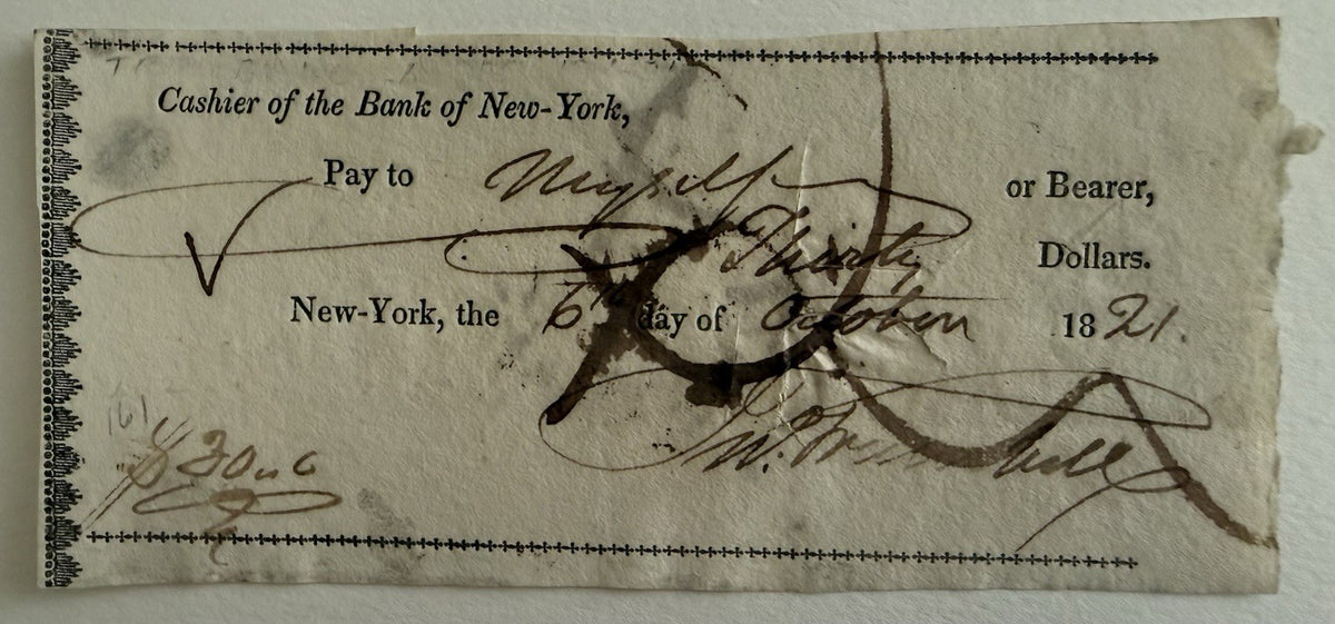 1821 Rare John Trumbull Signed New York Bank Check - Revolutionary War Artist 