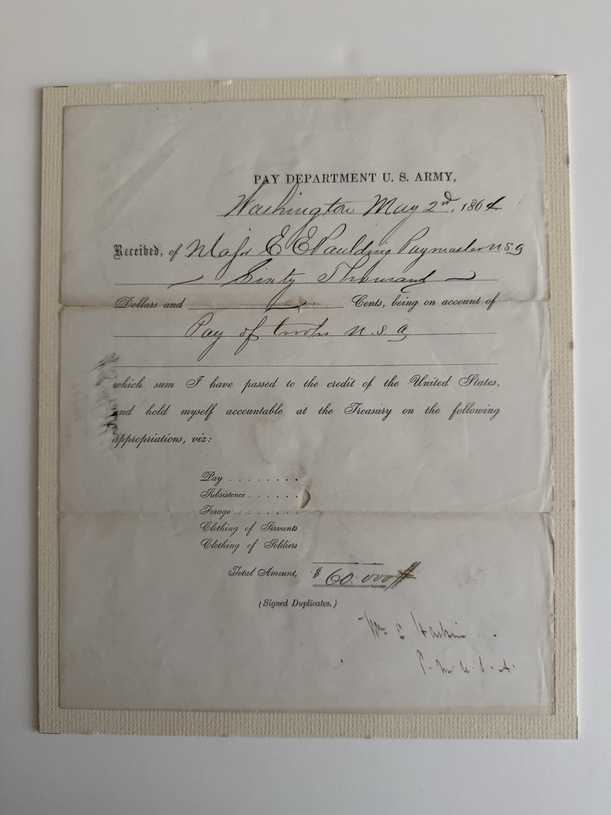1864 Civil War Pay Order 