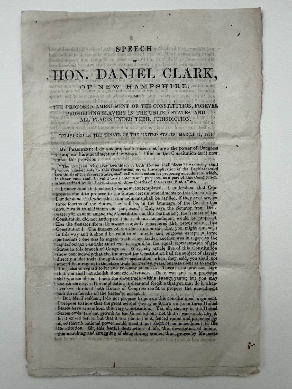 1864 Anti-Slavery Pamphlet Daniel Clark Speech 13th Amendment 