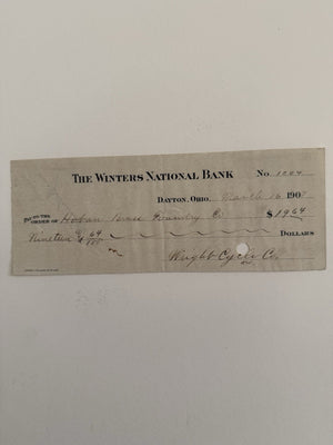 1907 Wright Brothers Check Signed Wright Cycle Co. By Orville Wright