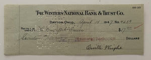 Wright Bro’s Check To New York Times By Orville, One Of His Last Checks