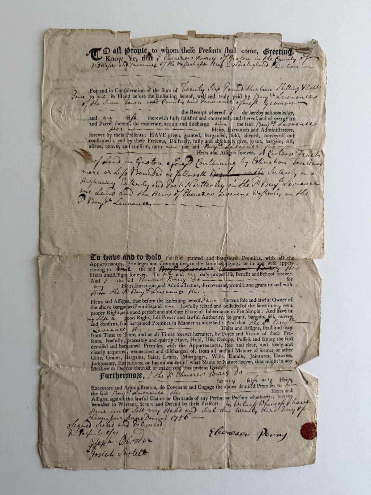 1750 Colonial Massachusetts Land Deed Groton 