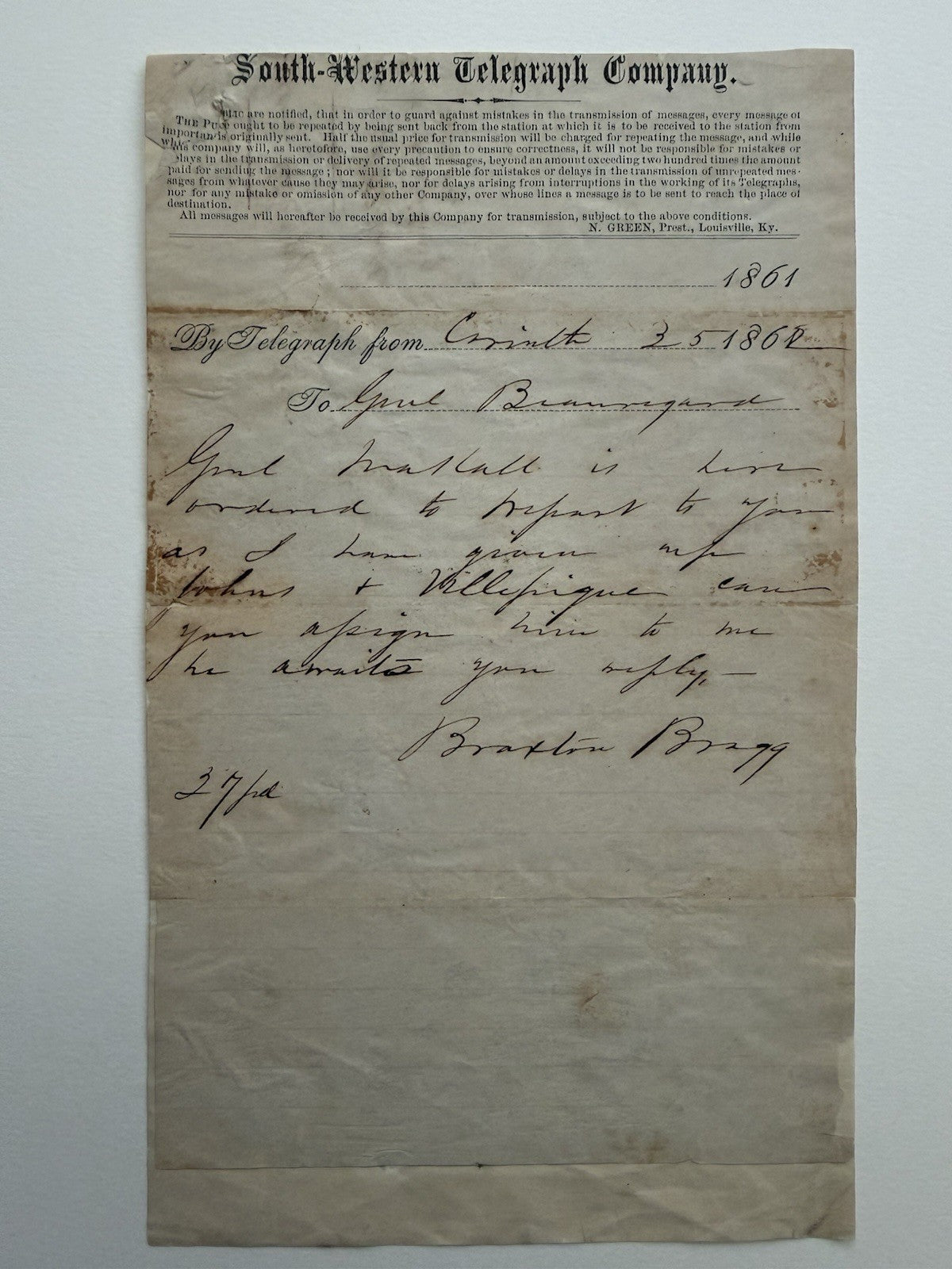 1862 Braxton Bragg Signed Civil War Telegraph March 5, To Beauregard Corinth MS 