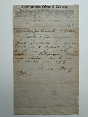 1862 Braxton Bragg Signed Civil War Telegraph March 5, To Beauregard Corinth MS