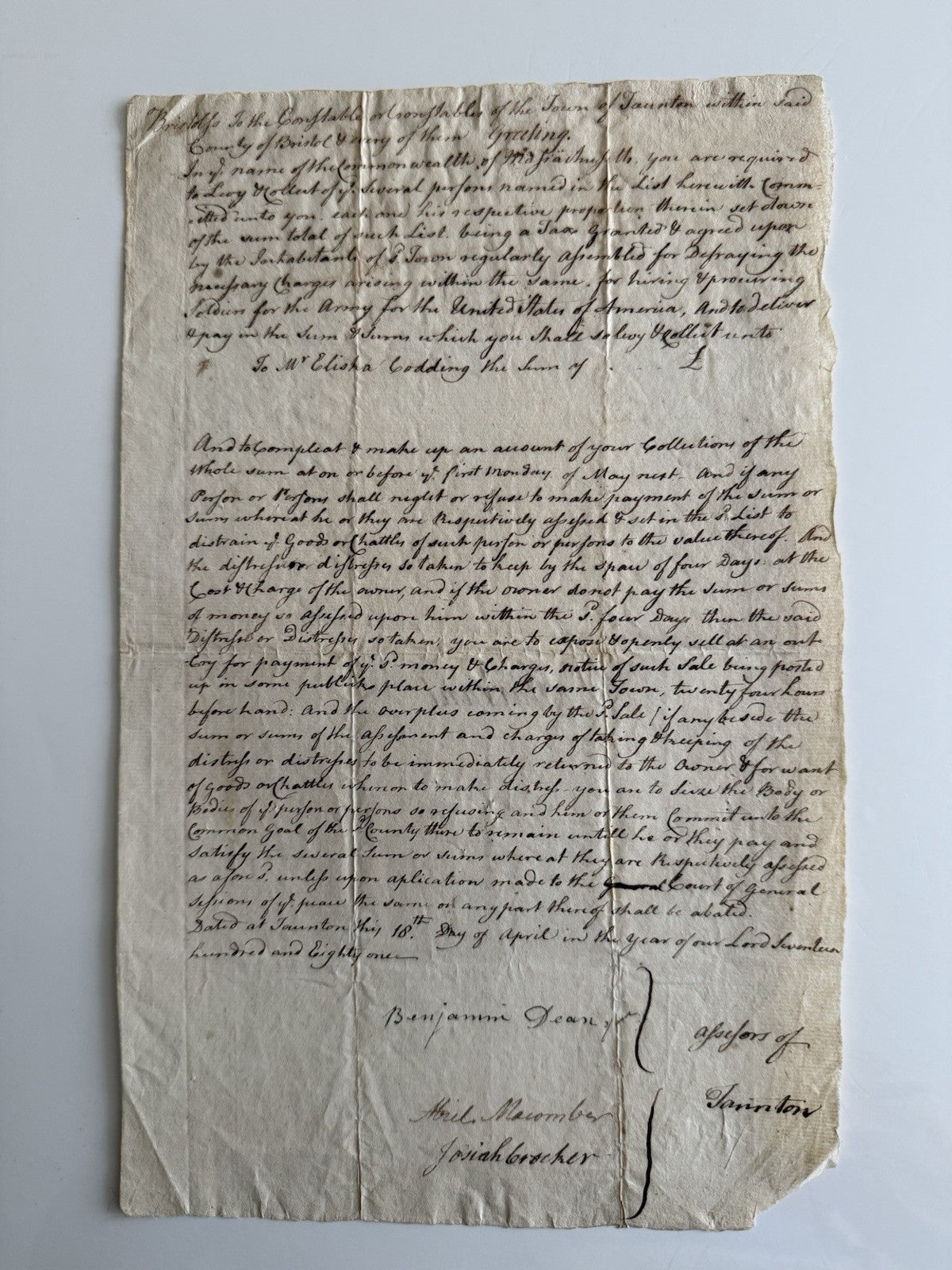 1781 Revolutionary War Tax Warrant 