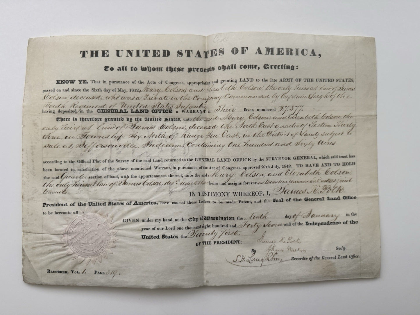 1847 James K Polk Bounty Land Patent 