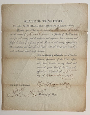 1838 Tennessee Justice Of The Peace Signed By Governor Cannon
