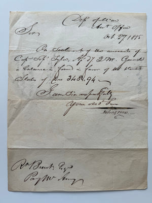 1815 U.S. War Department Letter – Accountant's Office – Post-War of 1812 Financial Settlement – Addressed to Secretary of War Peter B. Porter