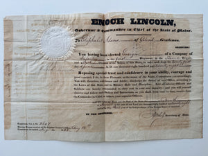 1828 Maine Militia Commission Signed by Governor Enoch Lincoln – Large Embossed State Seal – Ensign Appointment – Eliphalet Adams, Gilead, Maine