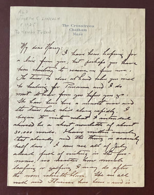 1921 Joseph C. Lincoln Autograph Letter Signed "Joe" – The Crosstrees, Chatham, Massachusetts – Cape Cod Author