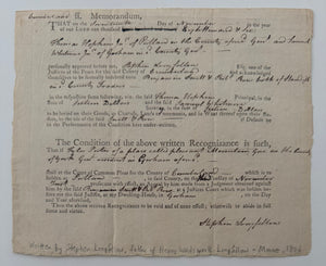 1805 District of Maine Court Recognizance Signed by Stephen Longfellow, Grandfather of Poet Henry Wadsworth Longfellow