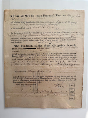 1825 Virginia Chancery Appeal Bond – Superior Court of Chancery, Fredericksburg – Henry Lee & Daniel Carmichael – Westmoreland County