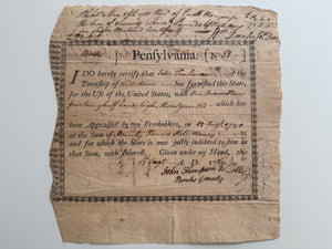 1780 Revolutionary War Pennsylvania Horse Certificate – Bucks County – John Thompson Wagon Master – Continental Army – John Tomlinson