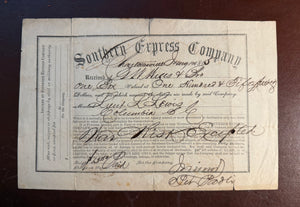 1863 Civil War Southern Express Company Receipt—Charlottesville to Columbia, S.C.—“War Risk Excepted”